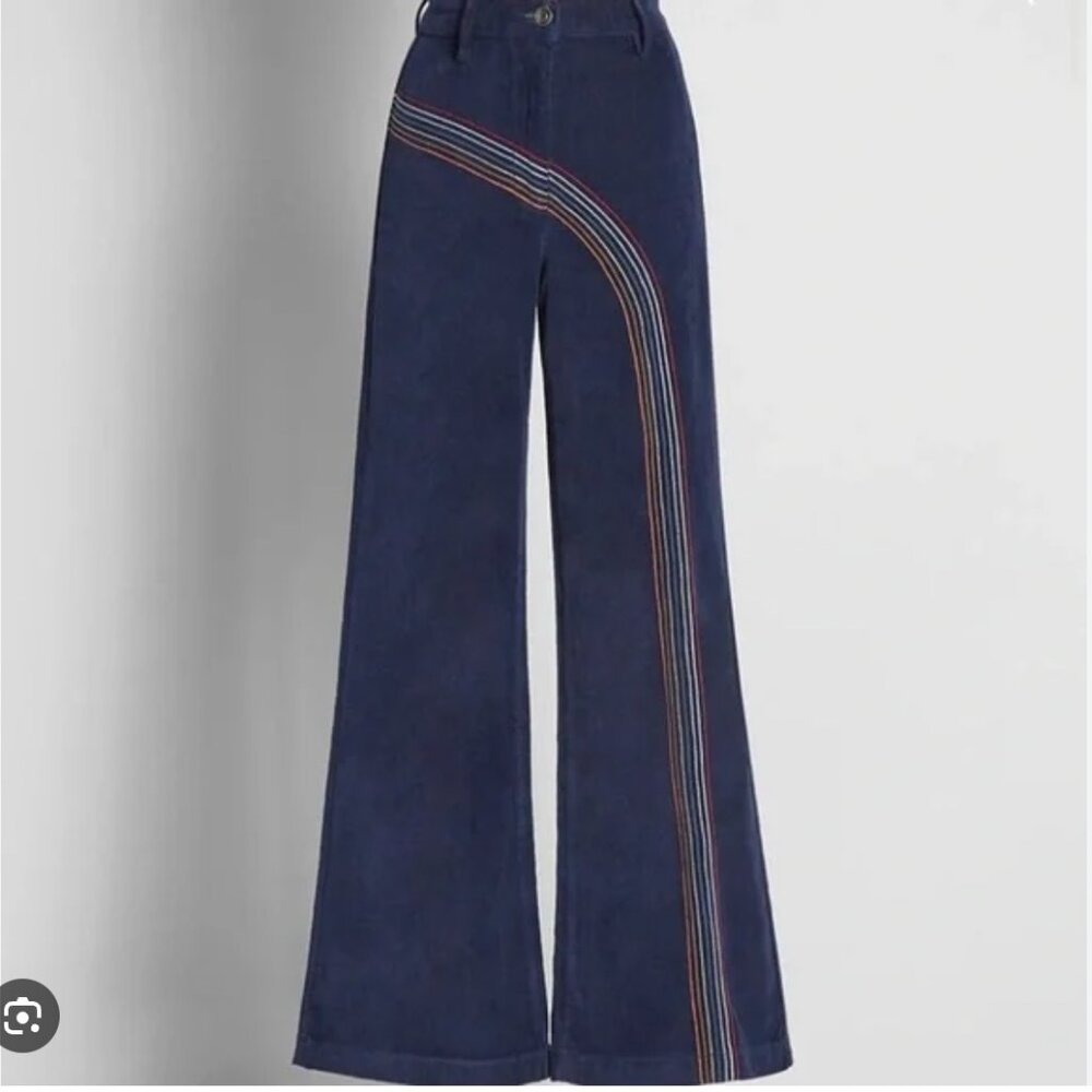 Modcloth Blue Corduroy Rainbow With Me Wide Leg Retro Vibes Pants Size 8